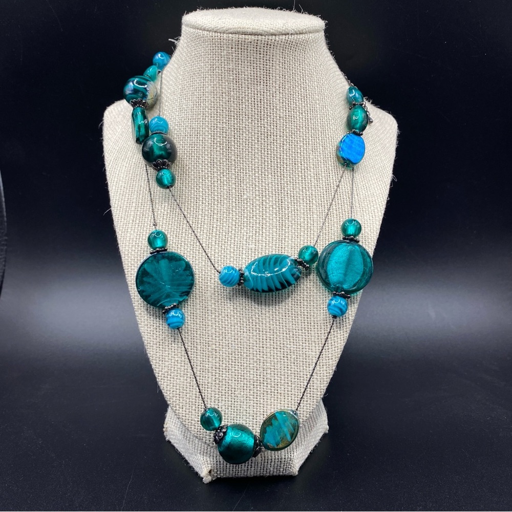 Art Glass Beads Aqua Blue Green Long Necklace Gunmetal Chain 39" + 4" Extender